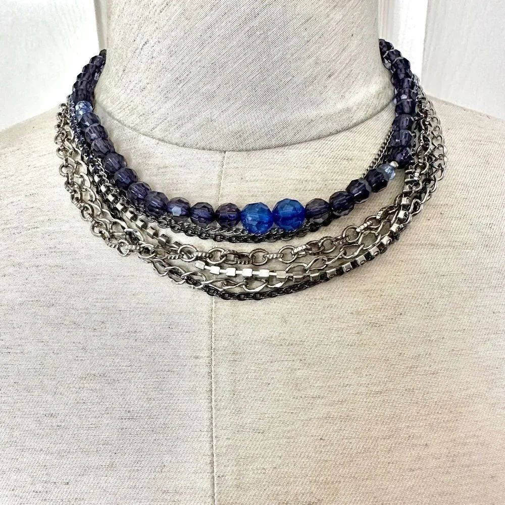 Blue beaded multi strand  chain necklace